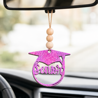 Handcrafted Wood Car Charm with Beads & Bow