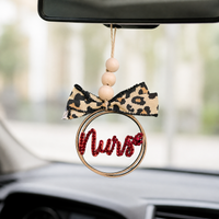 Handcrafted Wood Car Charm with Beads & Bow