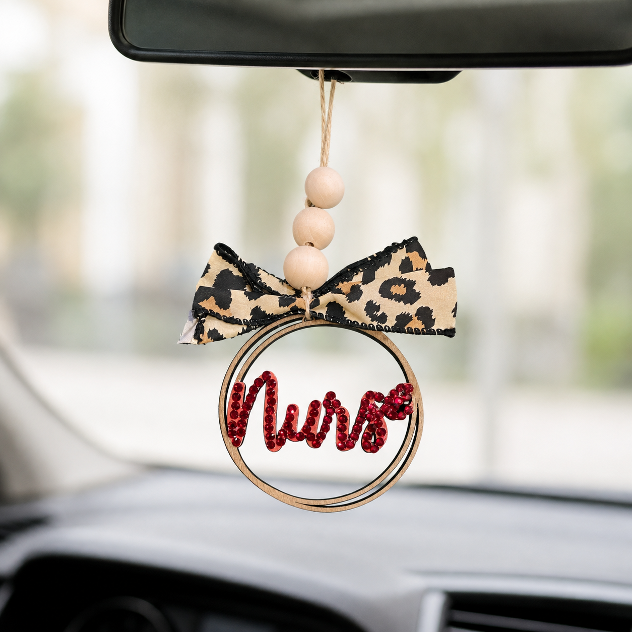 Handcrafted Wood Car Charm with Beads & Bow
