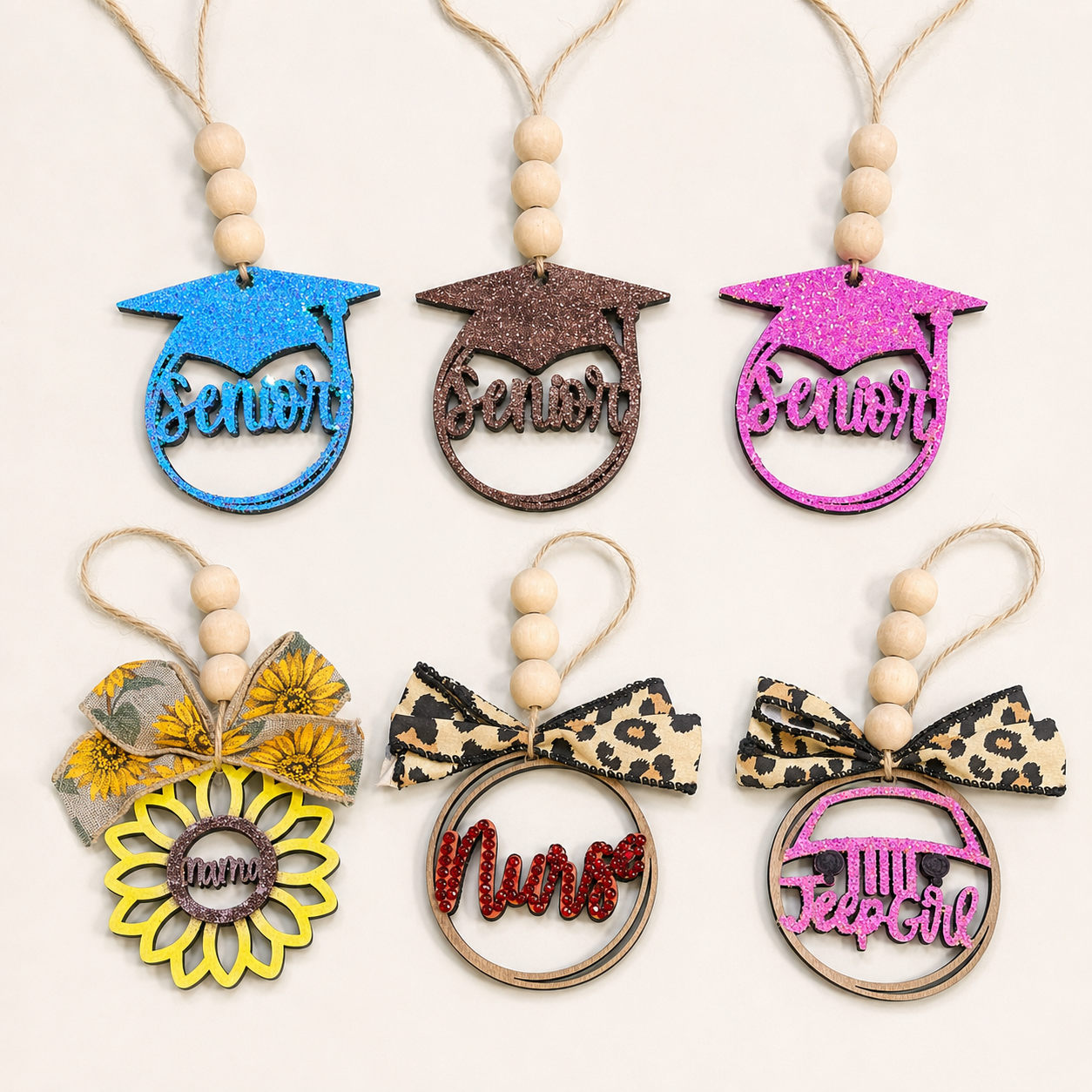 Handcrafted Wood Car Charm with Beads & Bow