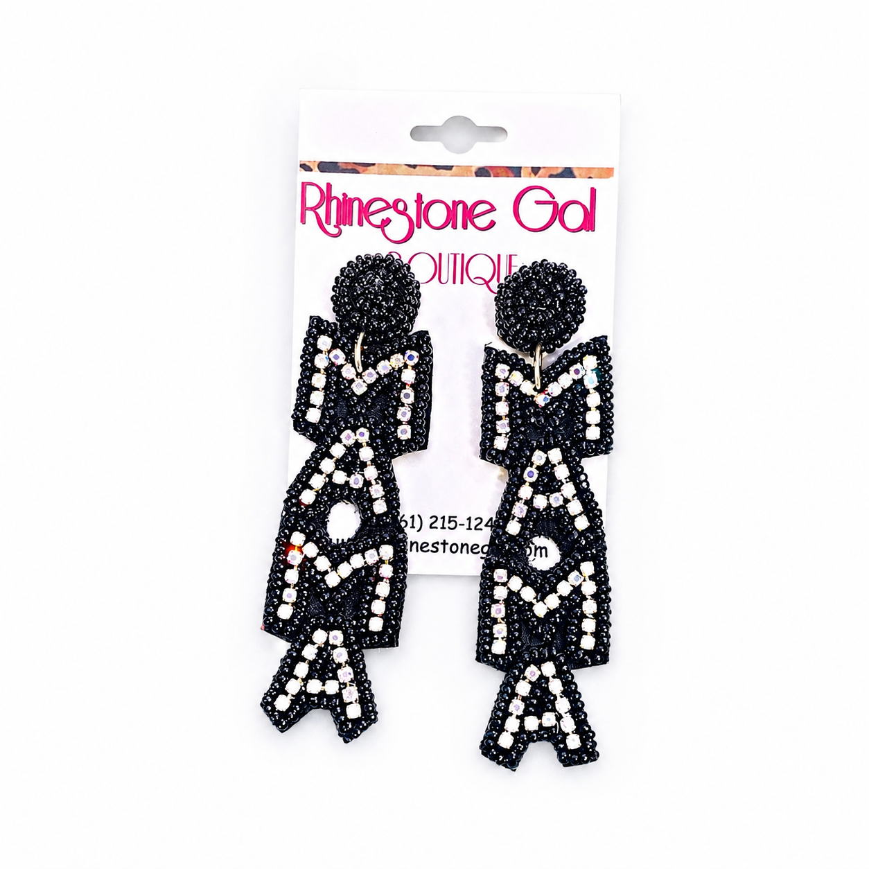 Black Seed Bead Rhinestone MAMA Dangle Earrings
