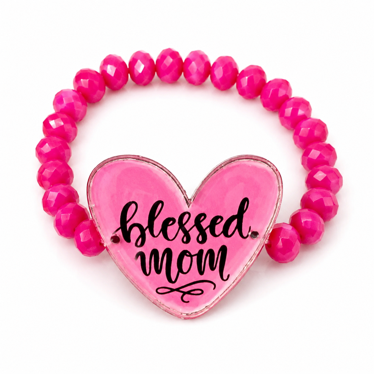 Blessed Mom Hot Pink Beaded Bracelet