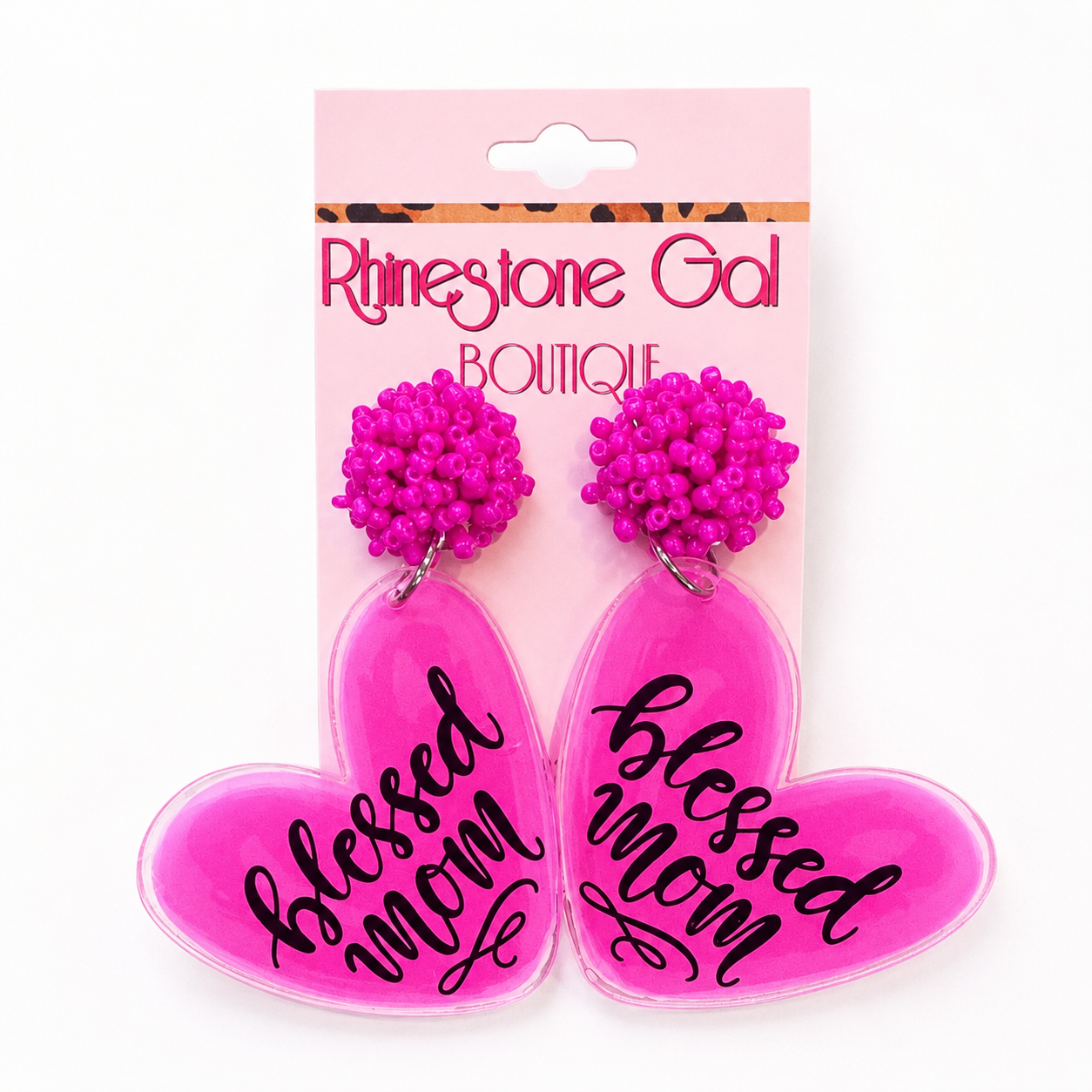 Blessed Mom Hot Pink Heart Statement Earrings