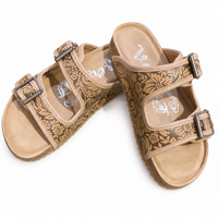 Tan Tooled Western Buckle Sandals