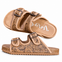 Tan Tooled Western Buckle Sandals