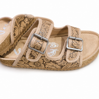Tan Tooled Western Buckle Sandals