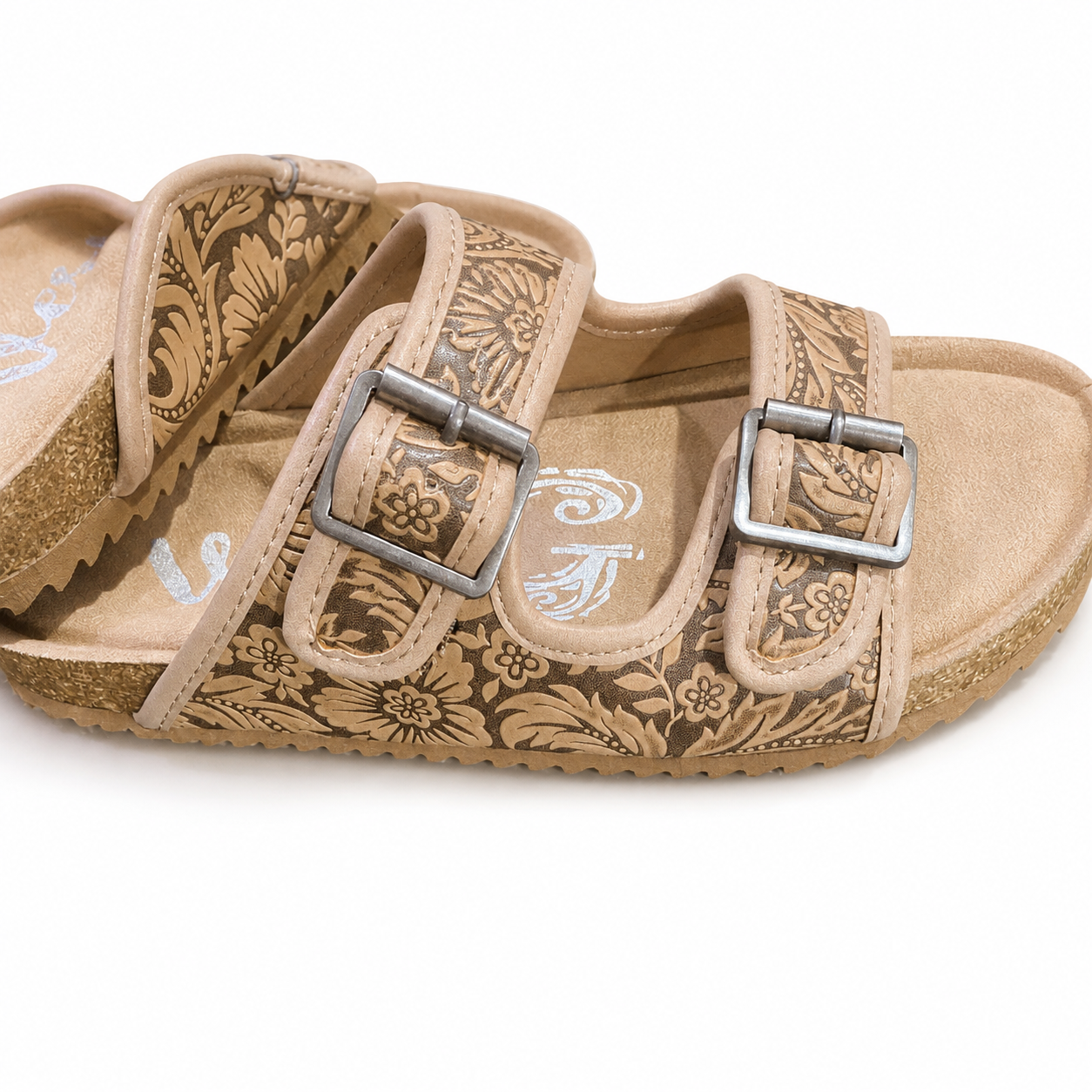 Tan Tooled Western Buckle Sandals