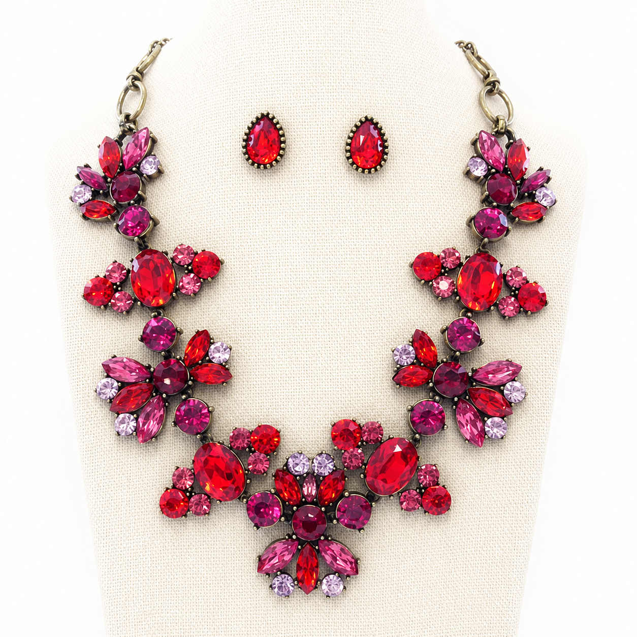 Luxury Victorian Red & Pink Crystal Statement Necklace Set
