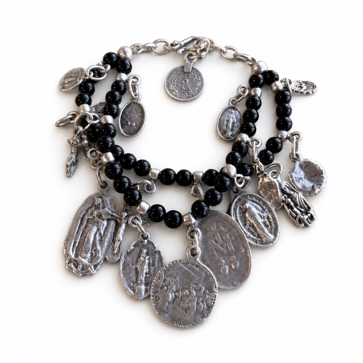 Faith & Charm Double Strand Medal Bracelet – Black Bead