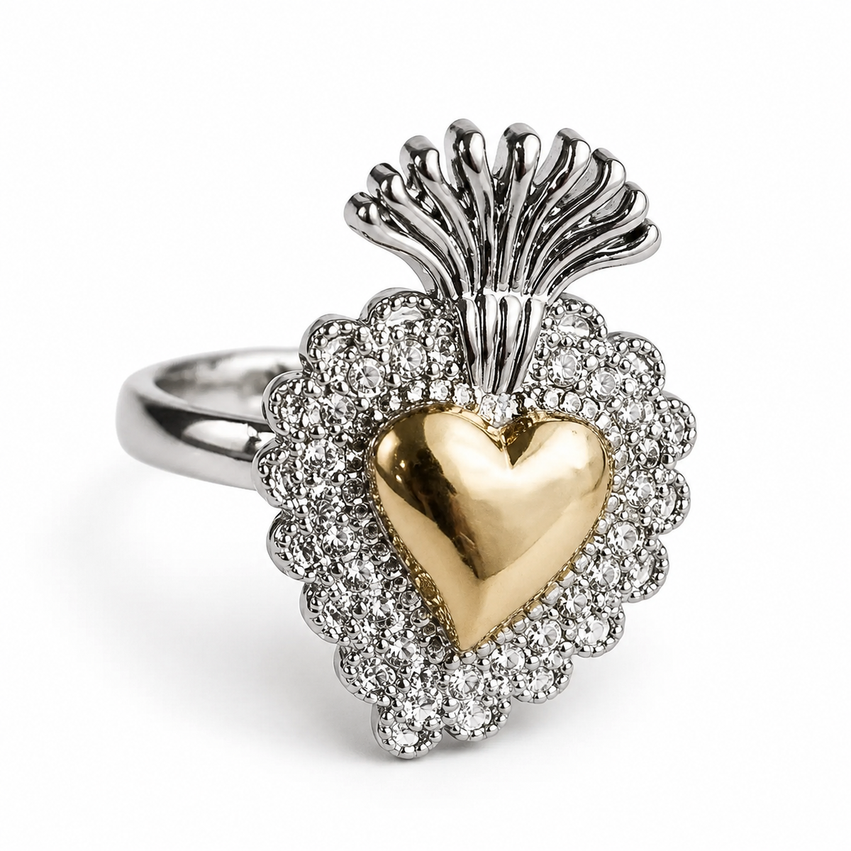 Two Tone Sacred Heart CZ Adjustable Ring