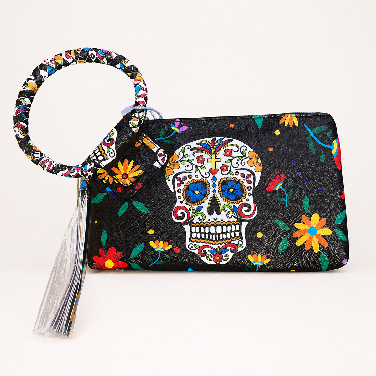 Day of the Dead Sugar Skull Vegan Leather Wristlet Clutch