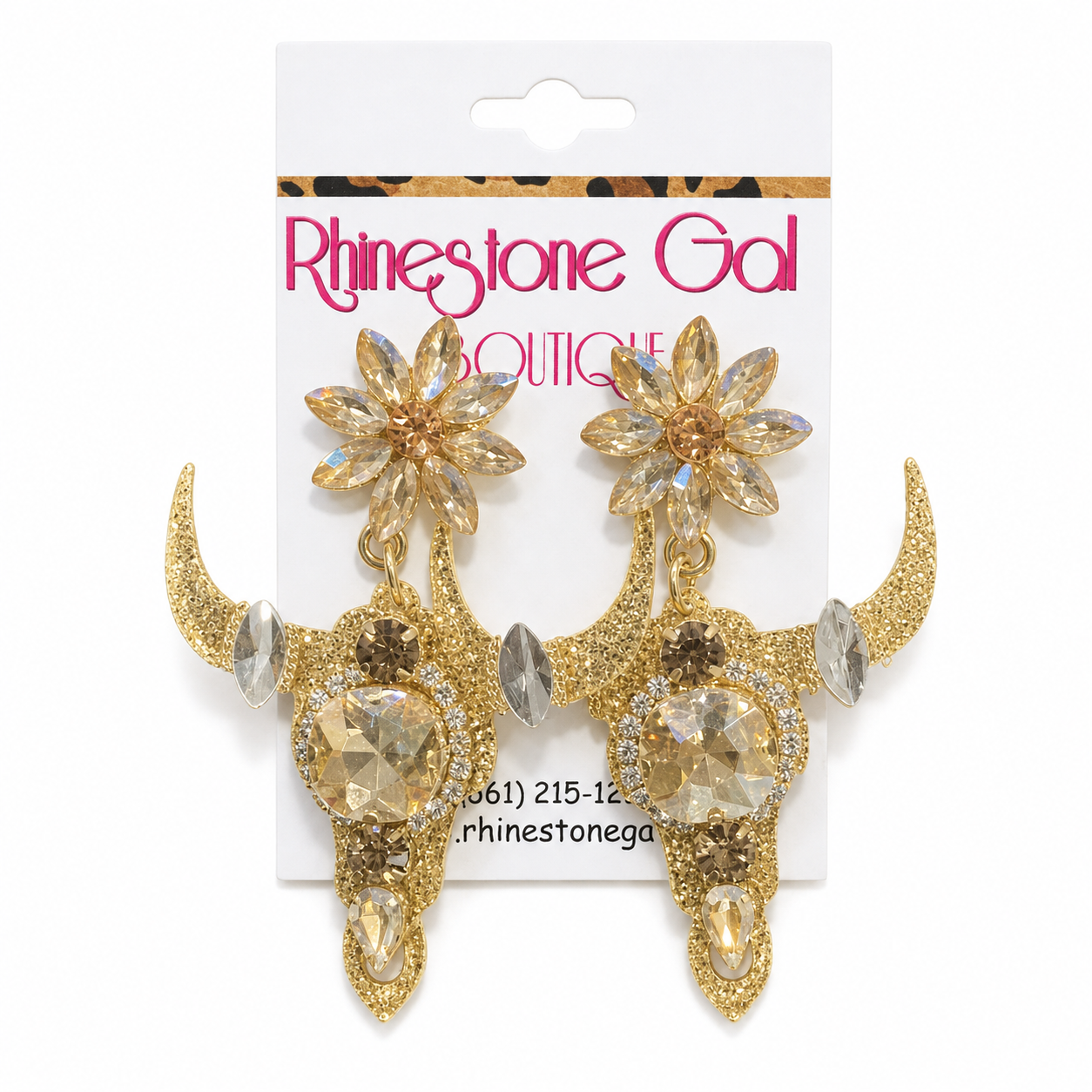 Gold Crystal Bull Head Statement Earrings