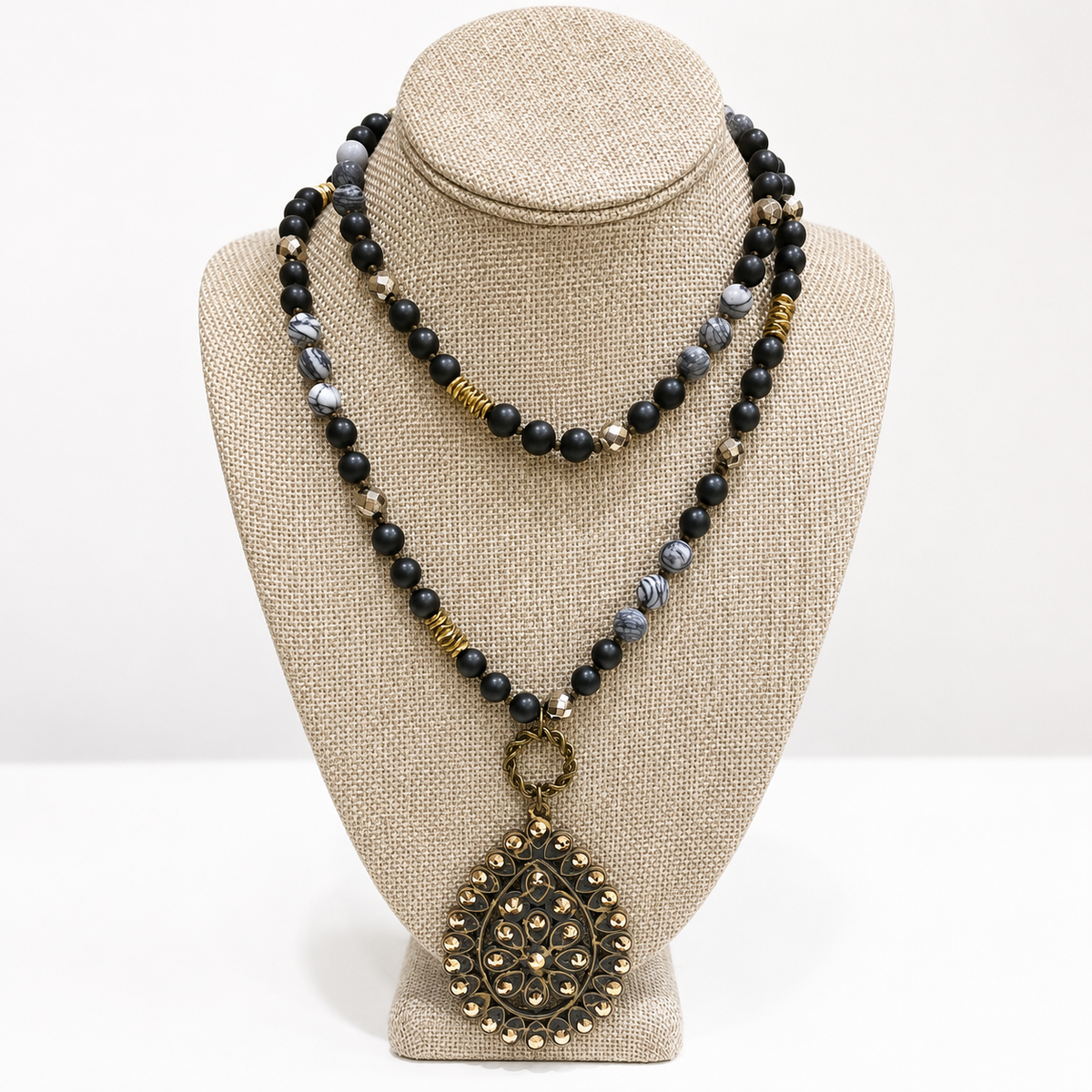 Pink Panache Black Crackle Wood Santa Fe Pendant Necklace