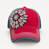 Patriotic Rhinestone Flower Distressed Baseball Cap