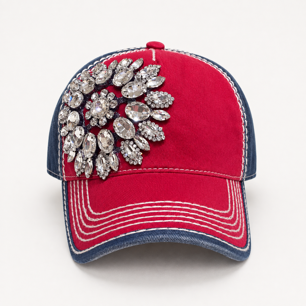 Patriotic Rhinestone Flower Distressed Baseball Cap