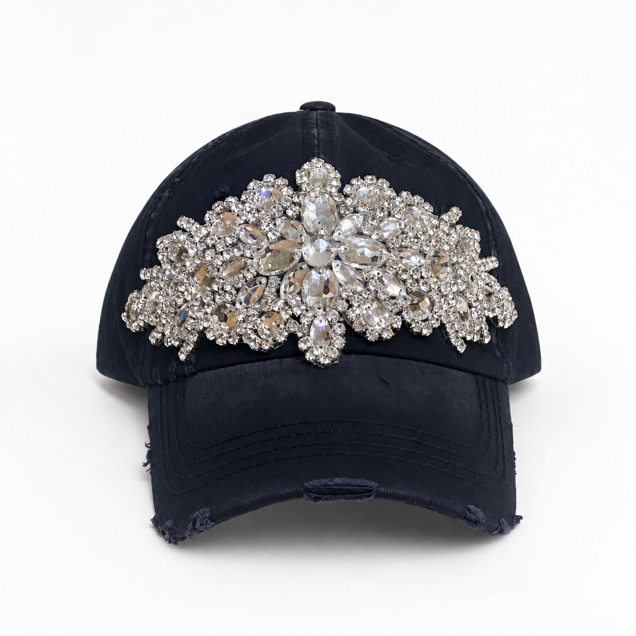 Glitz Distressed Black Baseball Cap with Rhinestones
