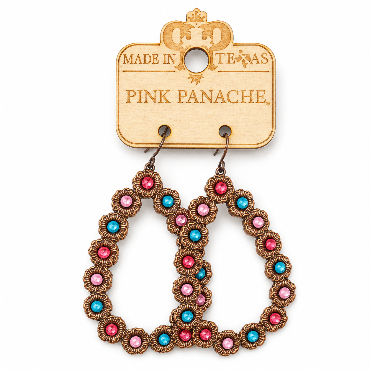 Pink Panache Bronze Multi Crystal Open Teardrop Earrings