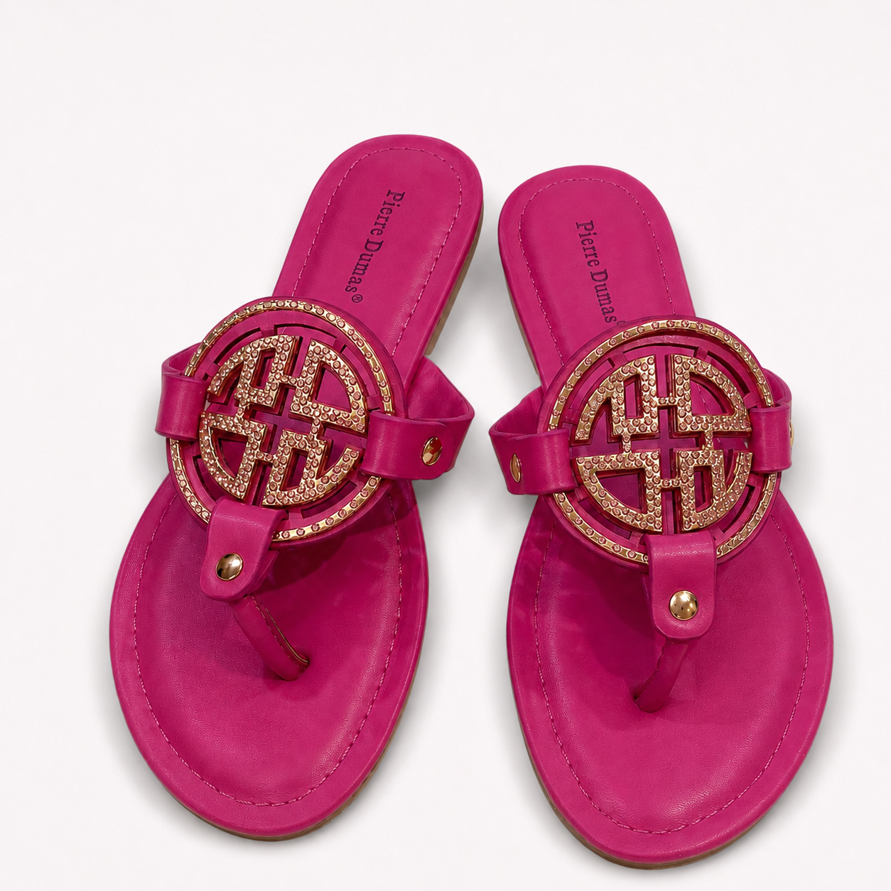 Pierre Dumas Rhinestone Medallion Sandals – Hot Pink