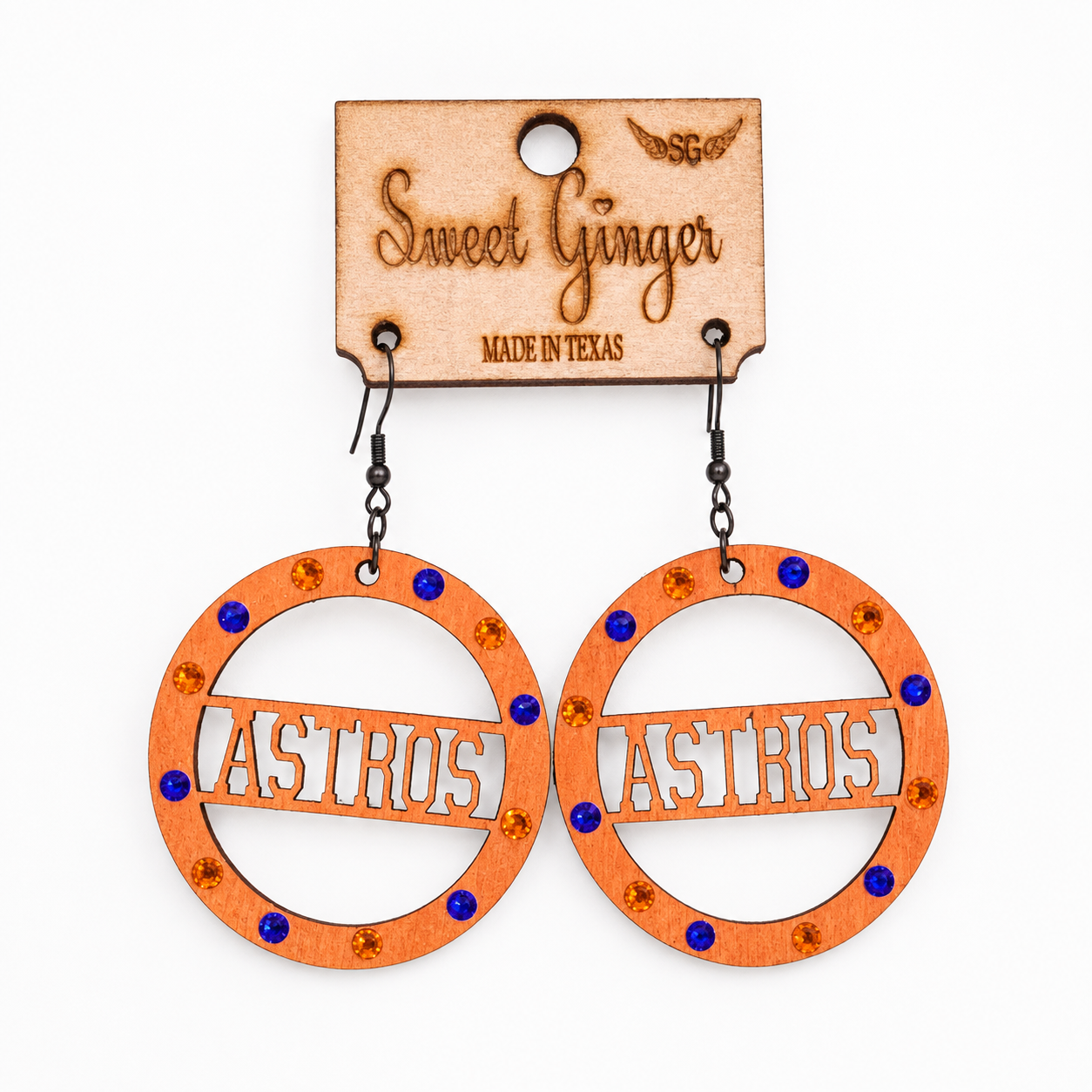 Astros Inspired Rhinestone Wooden Hoop Earrings