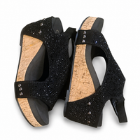 Black Rhinestone Cork Wedge Slingback Sandals