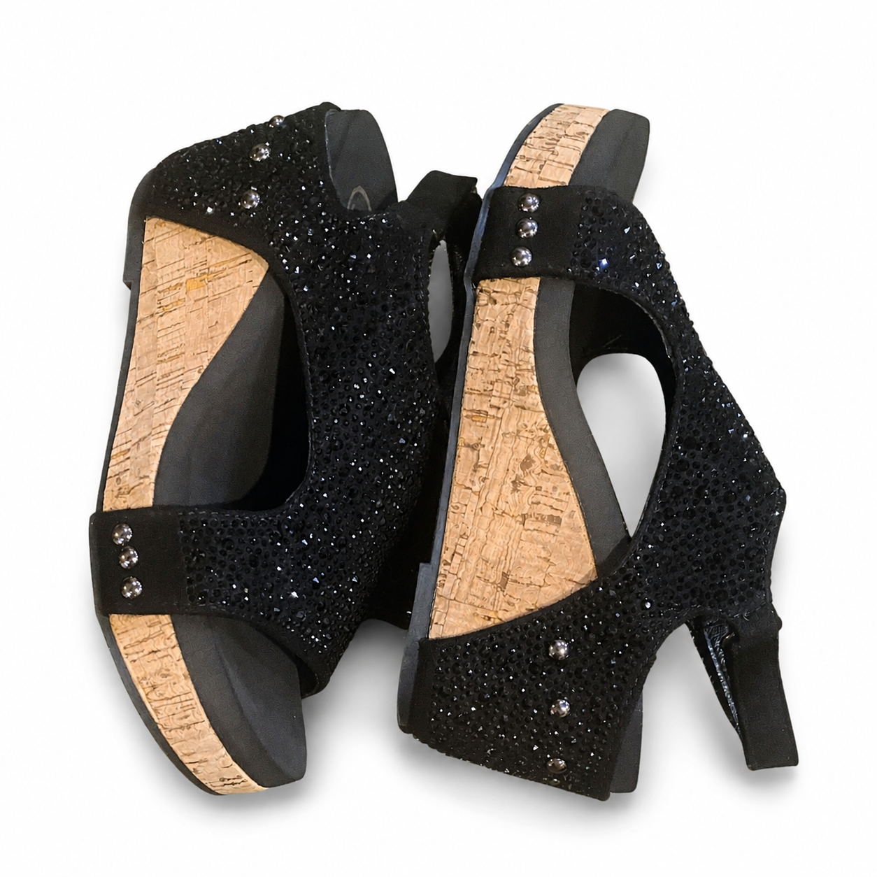Black Rhinestone Cork Wedge Slingback Sandals