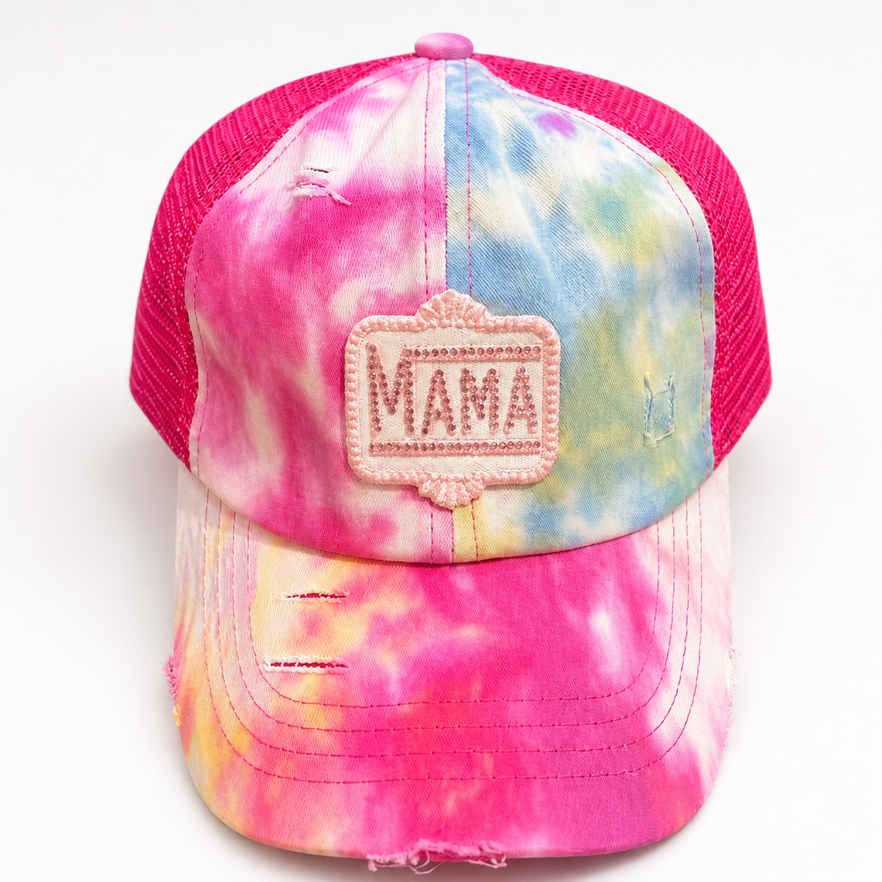 Tie-Dye Rhinestone Mama Criss Cross Ponytail Trucker Cap