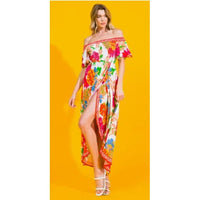 Ivory Floral Off Shoulder Hi-Lo Maxi Dress