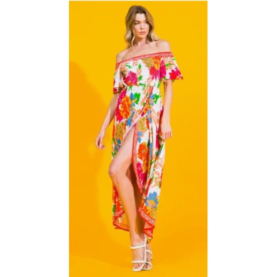 Ivory Floral Off Shoulder Hi-Lo Maxi Dress