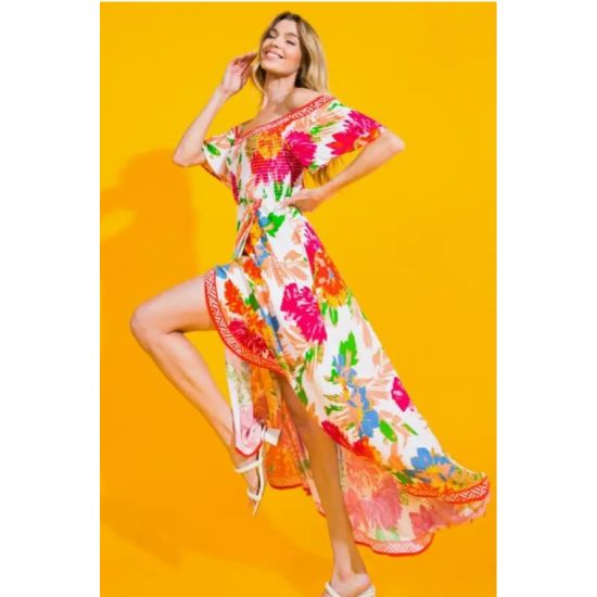 Ivory Floral Off Shoulder Hi-Lo Maxi Dress