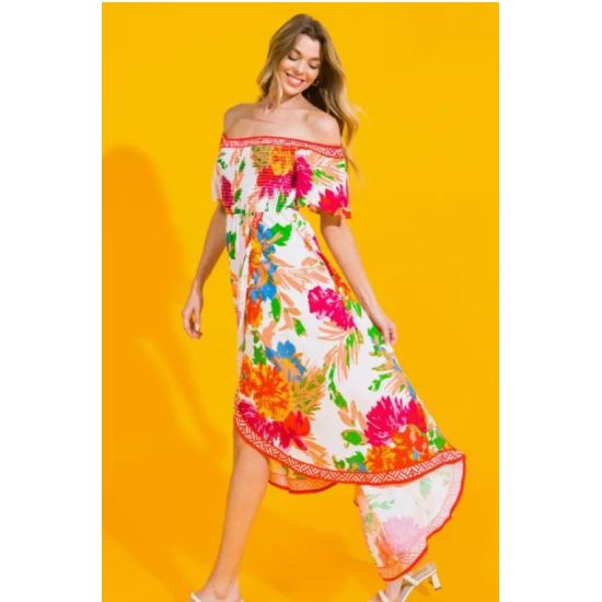 Ivory Floral Off Shoulder Hi-Lo Maxi Dress