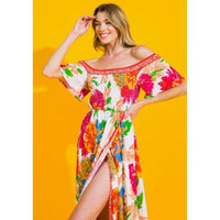 Ivory Floral Off Shoulder Hi-Lo Maxi Dress