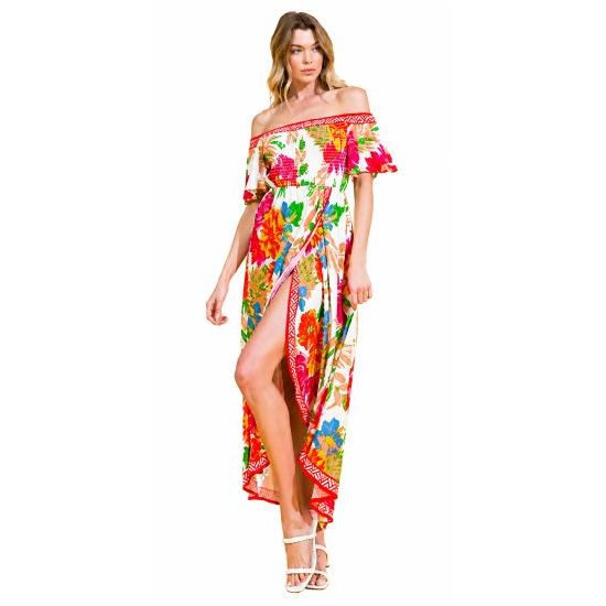 Ivory Floral Off Shoulder Hi-Lo Maxi Dress