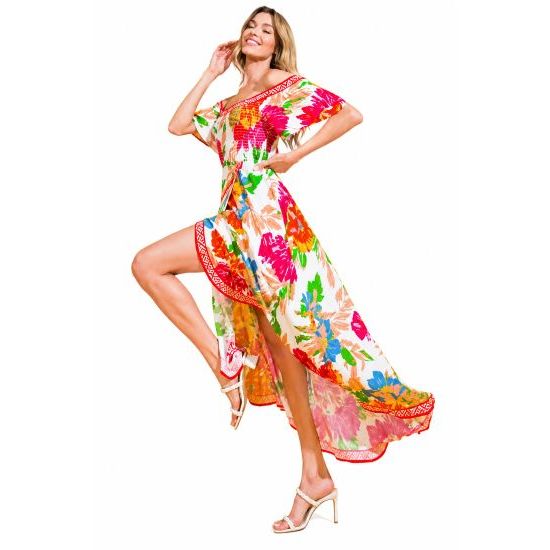 Ivory Floral Off Shoulder Hi-Lo Maxi Dress