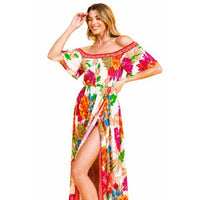 Ivory Floral Off Shoulder Hi-Lo Maxi Dress