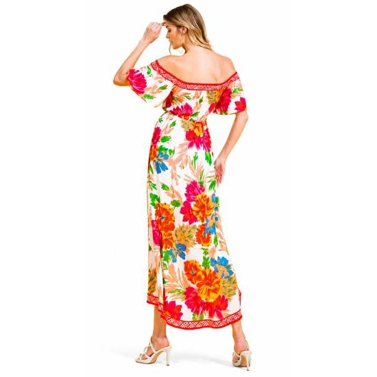 Ivory Floral Off Shoulder Hi-Lo Maxi Dress