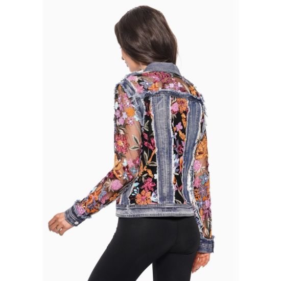 Denim Jacket with Sheer Floral Embroidery