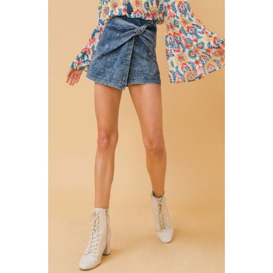 Acid Wash Knot Front Denim Skort