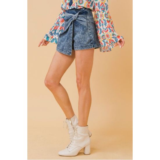Acid Wash Knot Front Denim Skort