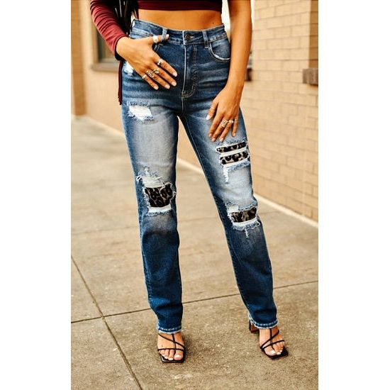 Mid Wash Tummy Control Boyfriend Jeans with Leopard