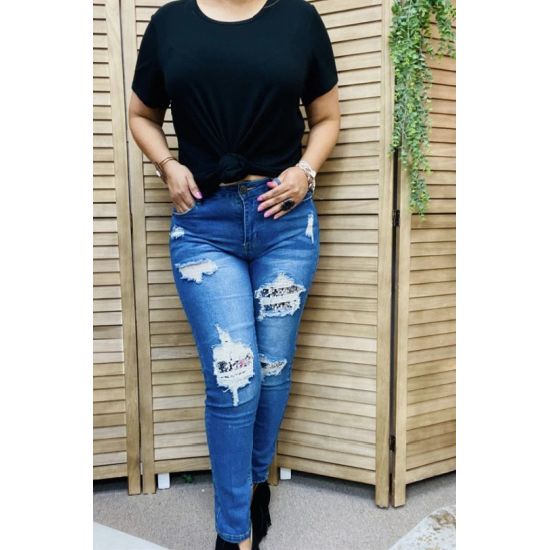 Silver Sequin Patch Distressed Skinny Jeans – Stretch Denim for Women