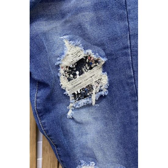 Silver Sequin Patch Distressed Skinny Jeans – Stretch Denim for Women
