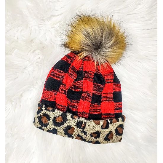 Kid's Red Buffalo Beanie with Leopard Trim - Rhinestone Gal