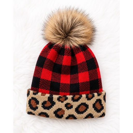 Girls Red Buffalo Beanie with Leopard Trim