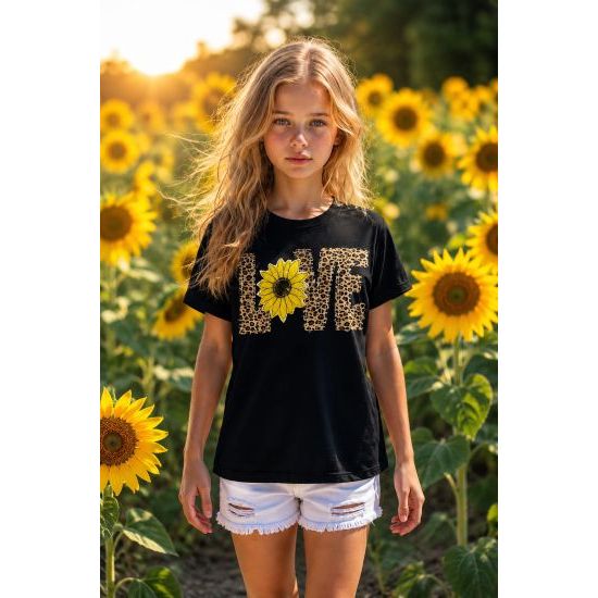 Girls Black Leopard LOVE Tee with Sequin Sunflower