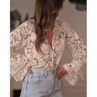 Boho Beige Lace Floral Sheer Blouse