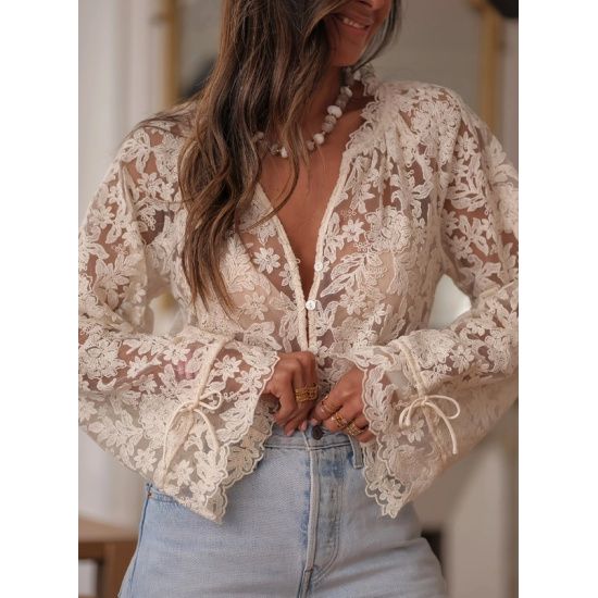 Boho Beige Lace Floral Sheer Blouse