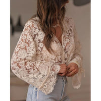 Boho Beige Lace Floral Sheer Blouse