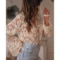 Boho Beige Lace Floral Sheer Blouse