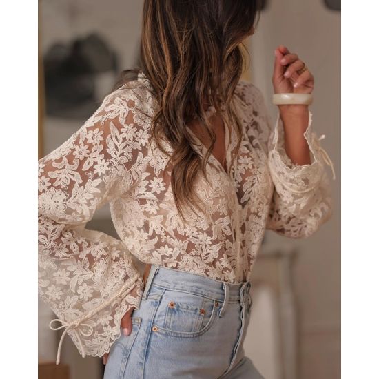 Boho Beige Lace Floral Sheer Blouse