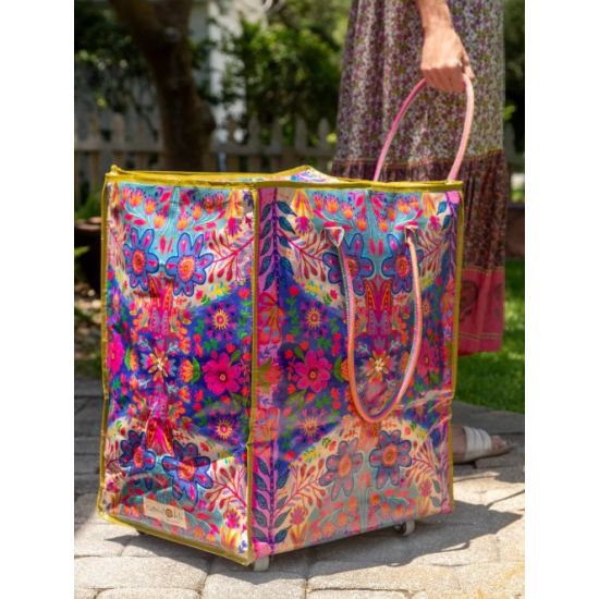 Rolling Tote Bag XL Royal Blue Folk Flower